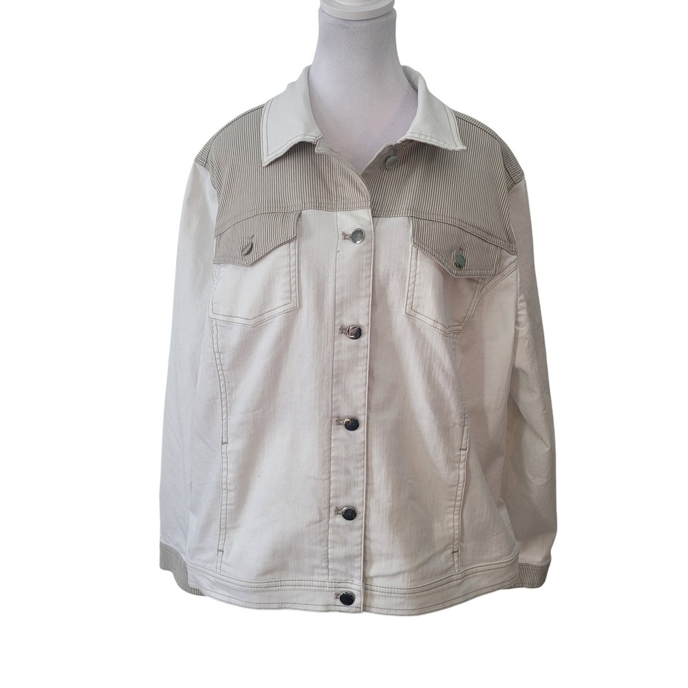 Chicos Womens 3 US XL Denim Jacket White Tan Striped Corduroy‎ Trim Stretch